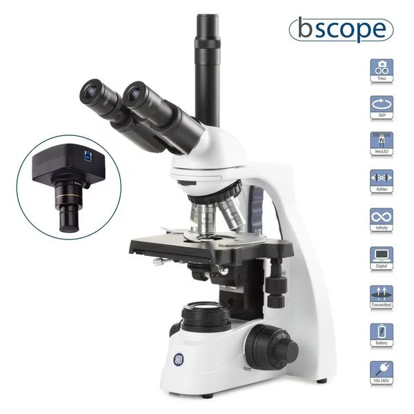 bScope 40X-1600X Trinocular Compound Microscope w/18MP USB 3 Digital Camera & E-plan IOS Objectives, Euromex, Mfr#: BS1153-EPLIA-18M3